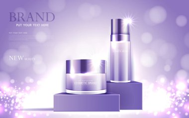 Kozmetik ürünleri ya da cilt bakımı altın ürünleri mor şişeler ve arka planda ışıldayan ışık efektleri. vektör tasarımı.