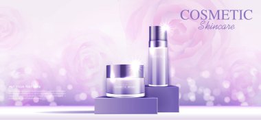 Kozmetik ürünleri ya da cilt bakımı altın ürünleri mor şişeler ve arka planda ışıldayan ışık efektleri. vektör tasarımı.