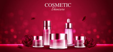 Kozmetik ürünleri ya da cilt bakımı ürünleri reklamları kırmızı gül şişesi ve arka planda parlayan ışık efektleri. vektör tasarımı.