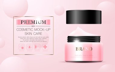 Yıllık indirimli yüz kremi ya da festival satışı için. Işıltılı parçacıkların arka planında izole edilmiş gümüş ve pembe krem maskeli şişe. Zarif kozmetik reklamları, illüstrasyon.