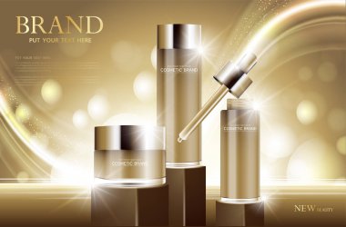 Kozmetik ürün posteri, nemlendirici krem ya da sıvıyla şişe paketi tasarımı, ışıltılı polka, vektör tasarımı.