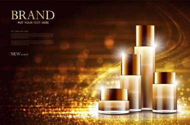 Kozmetik ürün posteri, nemlendirici krem ya da sıvıyla şişe paketi tasarımı, ışıltılı polka, vektör tasarımı.