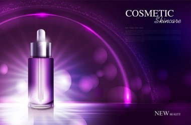 Kozmetik ürün posteri, nemlendirici krem ya da sıvıyla şişe paketi tasarımı, ışıltılı polka, vektör tasarımı.