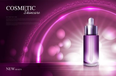 Kozmetik ürün posteri, nemlendirici krem ya da sıvıyla şişe paketi tasarımı, ışıltılı polka, vektör tasarımı.