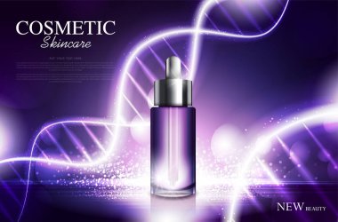 Kozmetik ürün posteri, nemlendirici krem ya da sıvıyla şişe paketi tasarımı, ışıltılı polka, vektör tasarımı.