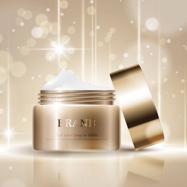 Yıllık indirimli yüz kremi ya da festival satışı için. Işıltılı parçacıkların arka planında izole edilmiş gümüş ve altın rengi maske şişesi. Zarif kozmetik reklamları, illüstrasyon.