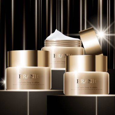 Yıllık indirimli yüz kremi ya da festival satışı için. Işıltılı parçacıkların arka planında izole edilmiş gümüş ve altın rengi maske şişesi. Zarif kozmetik reklamları, illüstrasyon.