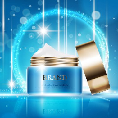 Yıllık indirimli yüz kremi ya da festival satışı için. Işıltılı parçacıkların arka planında izole edilmiş gümüş ve altın rengi maske şişesi. Zarif kozmetik reklamları, illüstrasyon.