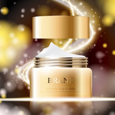 Yıllık indirimli yüz kremi ya da festival satışı için. Işıltılı parçacıkların arka planında izole edilmiş gümüş ve altın rengi maske şişesi. Zarif kozmetik reklamları, illüstrasyon.