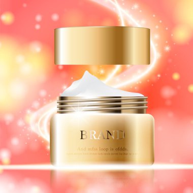 Yıllık indirimli yüz kremi ya da festival satışı için. Işıltılı parçacıkların arka planında izole edilmiş gümüş ve altın rengi maske şişesi. Zarif kozmetik reklamları, illüstrasyon.