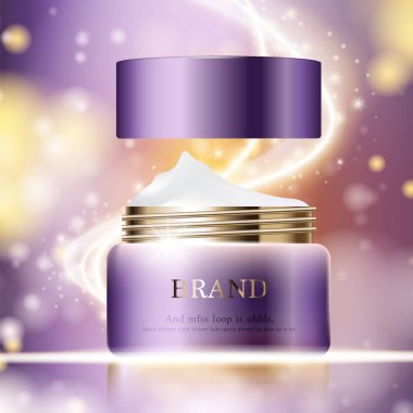 Yıllık indirimli yüz kremi ya da festival satışı için. Işıltılı parçacıkların arka planında izole edilmiş gümüş ve altın rengi maske şişesi. Zarif kozmetik reklamları, illüstrasyon.