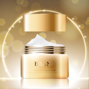 Yıllık indirimli yüz kremi ya da festival satışı için. Işıltılı parçacıkların arka planında izole edilmiş gümüş ve altın rengi maske şişesi. Zarif kozmetik reklamları, illüstrasyon.