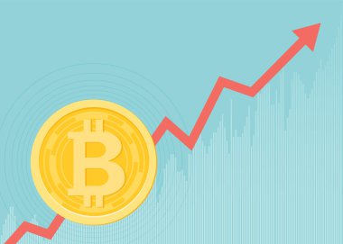 Altın Bitcoinler ile finansal büyüme konsepti. Bitcoin vektör tasarımlı bir gelir grafiği. İş dünyasında parasal tahsilat kavramı veya kâr veya fayda stratejisi.