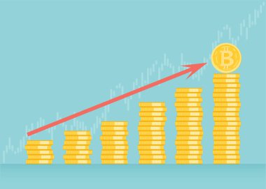 Altın Bitcoinler ile finansal büyüme konsepti. Bitcoin vektör tasarımlı bir gelir grafiği. İş dünyasında parasal tahsilat kavramı veya kâr veya fayda stratejisi.