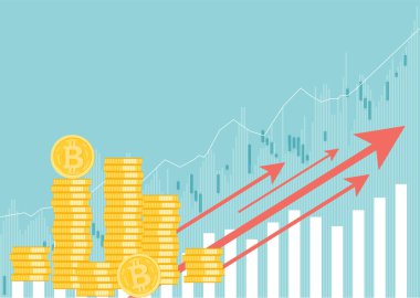 Altın Bitcoinler ile finansal büyüme konsepti. Bitcoin vektör tasarımlı bir gelir grafiği. İş dünyasında parasal tahsilat kavramı veya kâr veya fayda stratejisi.