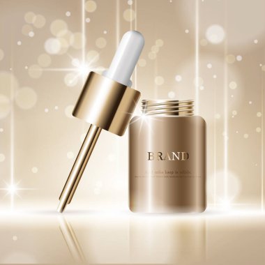 Yıllık ya da festival satışı için yüz serumunu suluyorum. Işıltılı parçacıkların arka planında izole edilmiş gümüş ve altın serumlu maske şişesi. Zarif kozmetik reklamları, illüstrasyon.