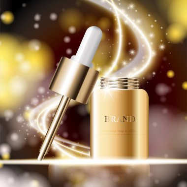 Yıllık ya da festival satışı için yüz serumunu suluyorum. Işıltılı parçacıkların arka planında izole edilmiş gümüş ve altın serumlu maske şişesi. Zarif kozmetik reklamları, illüstrasyon.