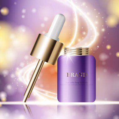 Yıllık ya da festival satışı için yüz serumunu suluyorum. Işıltılı parçacıkların arka planında izole edilmiş gümüş ve altın serumlu maske şişesi. Zarif kozmetik reklamları, illüstrasyon.