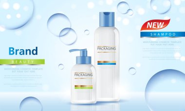 Kozmetik ürün posteri, nemlendirici krem ya da sıvıyla şişe paketi tasarımı, ışıltılı polka ile ışıl ışıl arka plan.