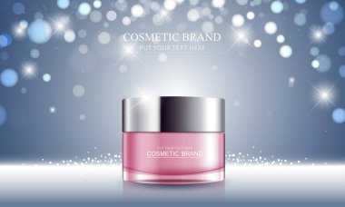 Kozmetik ürün posteri, nemlendirici krem ya da sıvıyla şişe paketi tasarımı, ışıltılı polka ile ışıl ışıl arka plan.