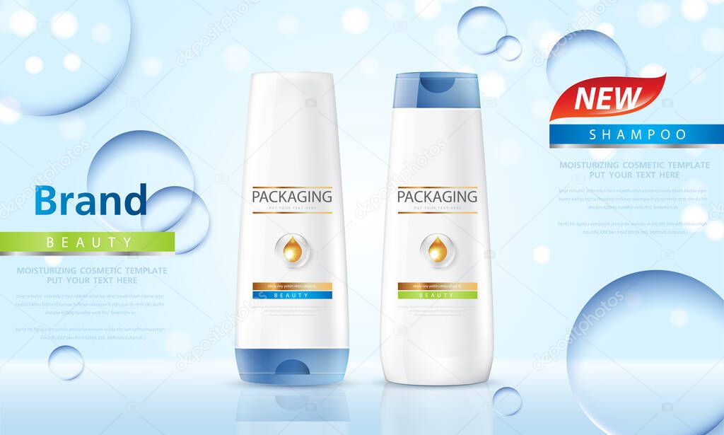Packaging products hair care design Bottles of shampoo. Cosmetic for design on blue background.