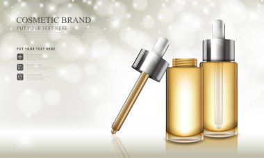 Kozmetik ürün posteri, nemlendirici krem ya da sıvıyla şişe paketi tasarımı, ışıltılı polka ile ışıl ışıl arka plan.