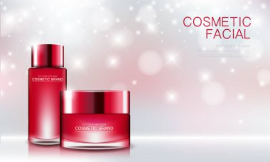 Simler ve gül arkaplanı üzerine kozmetik tasarım şablonu.