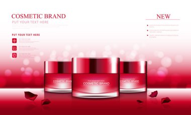 Simler ve gül arkaplanı üzerine kozmetik tasarım şablonu.