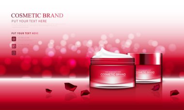 Simler ve gül arkaplanı üzerine kozmetik tasarım şablonu.