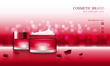 Simler ve gül arkaplanı üzerine kozmetik tasarım şablonu.