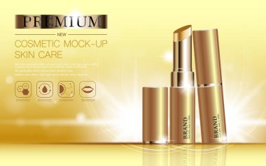 Yıllık satış ya da festival için yüz ruju nemlendirici. Gümüş ve altın rengi ruj maskeli şişe, arkaplandaki sim parçacıklarına izole edilmiş. Zarif kozmetik reklamları, illüstrasyon.