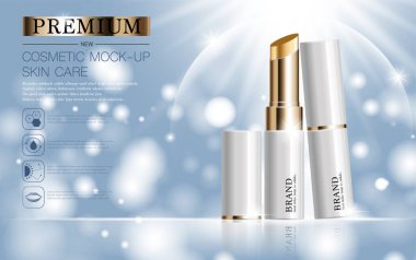 Yıllık satış ya da festival için yüz ruju nemlendirici. Gümüş ve altın rengi ruj maskeli şişe, arkaplandaki sim parçacıklarına izole edilmiş. Zarif kozmetik reklamları, illüstrasyon.