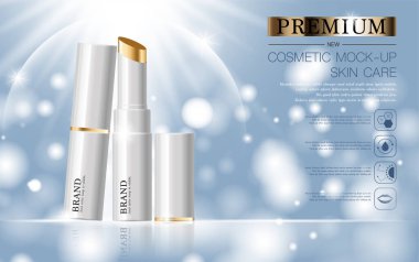 Yıllık satış ya da festival için yüz ruju nemlendirici. Gümüş ve altın rengi ruj maskeli şişe, arkaplandaki sim parçacıklarına izole edilmiş. Zarif kozmetik reklamları, illüstrasyon.