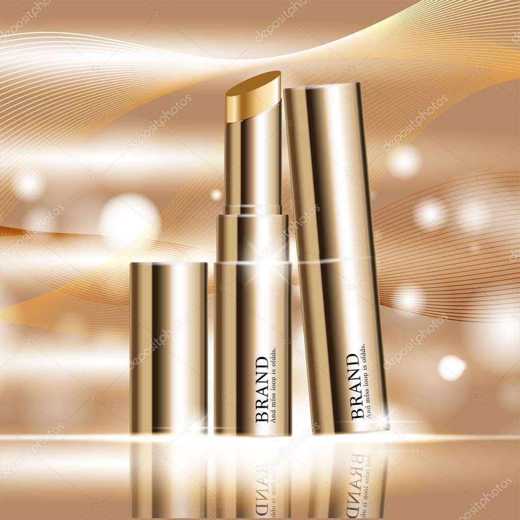 Hydrating facial lipstick for annual sale or festival sale. silver and gold lipstick mask bottle isolated on glitter particles background. Graceful cosmetic ads, illustration.
