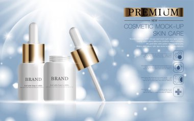 Yıllık ya da festival satışı için yüz serumunu suluyorum. Işıltılı parçacıkların arka planında izole edilmiş gümüş ve altın serumlu maske şişesi. Zarif kozmetik reklamları, illüstrasyon.