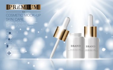 Yıllık ya da festival satışı için yüz serumunu suluyorum. Işıltılı parçacıkların arka planında izole edilmiş gümüş ve altın serumlu maske şişesi. Zarif kozmetik reklamları, illüstrasyon.