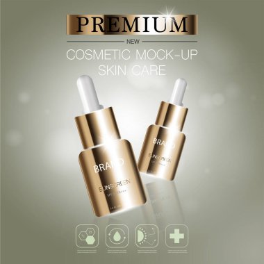 Yıllık ya da festival satışı için yüz serumunu suluyorum. Işıltılı parçacıkların arka planında izole edilmiş gümüş ve altın serumlu maske şişesi. Zarif kozmetik reklamları, illüstrasyon.