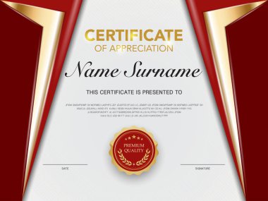 Diploma sertifikası, lüks ve modern stil vektör görüntüsü olan kırmızı ve altın rengi tasvir ediyor. Takdir edilmek için uygun. Vektör illüstrasyonu.