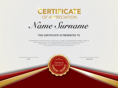 Diploma sertifikası, lüks ve modern stil vektör görüntüsü olan kırmızı ve altın rengi tasvir ediyor. Takdir edilmek için uygun. Vektör illüstrasyonu.