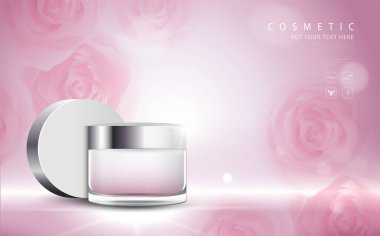 Kozmetik ürün posteri, nemlendirici krem ya da sıvıyla şişe paketi tasarımı, ışıltılı polka, vektör tasarımı.