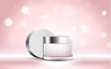 Kozmetik ürün posteri, nemlendirici krem ya da sıvıyla şişe paketi tasarımı, ışıltılı polka, vektör tasarımı.