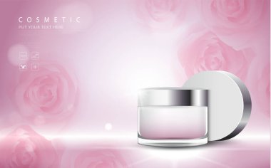 Kozmetik ürün posteri, nemlendirici krem ya da sıvıyla şişe paketi tasarımı, ışıltılı polka, vektör tasarımı.