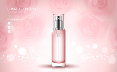 Kozmetik ürün posteri, nemlendirici krem ya da sıvıyla şişe paketi tasarımı, ışıltılı polka, vektör tasarımı.