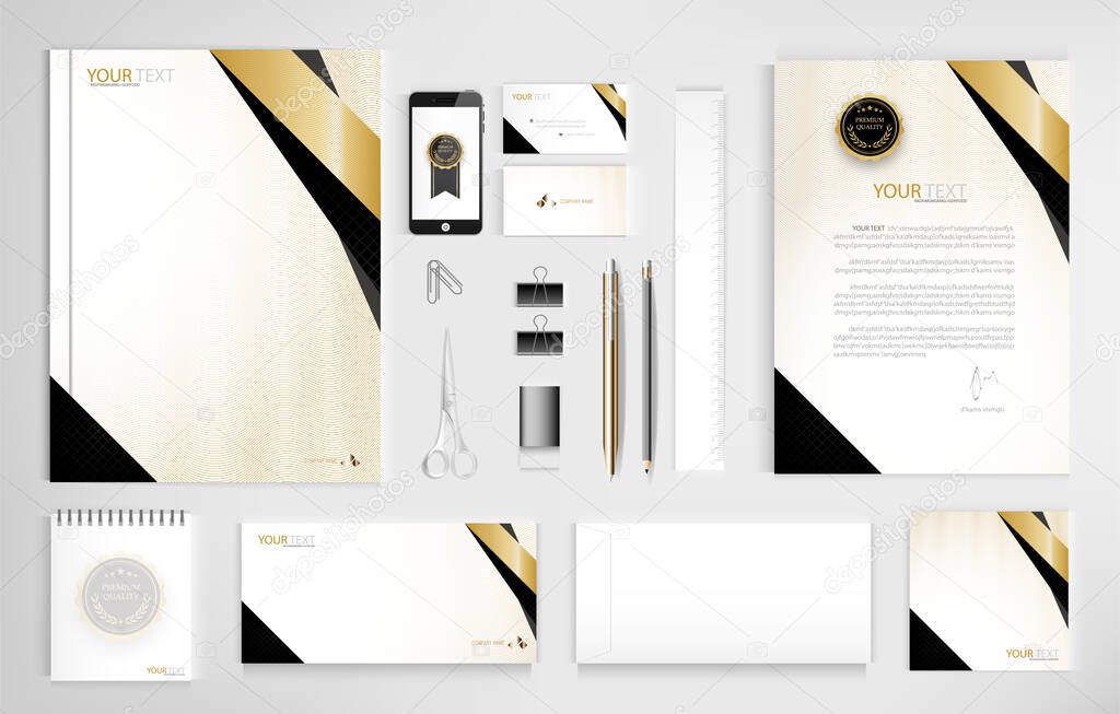 Set of office documents for business, Include laptop, tablet, smartphone, pen, pencils, paperclip, business cards, envelope, document file, certificate, vector Illustration.