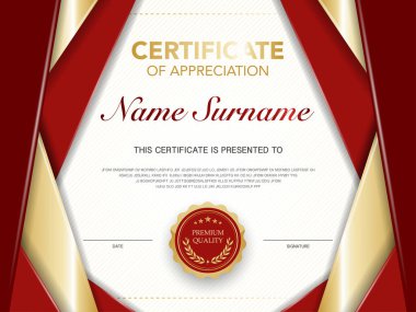 Diploma sertifikası, lüks ve modern stil vektör görüntüsü olan kırmızı ve altın rengi tasvir ediyor. Takdir edilmek için uygun. Vektör illüstrasyonu.