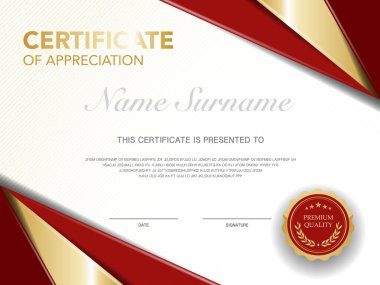 Diploma sertifikası, lüks ve modern stil vektör görüntüsü olan kırmızı ve altın rengi tasvir ediyor. Takdir edilmek için uygun. Vektör illüstrasyonu.