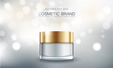 Kozmetik ürün posteri, nemlendirici krem ya da sıvıyla şişe paketi tasarımı, ışıltılı polka, vektör tasarımı.