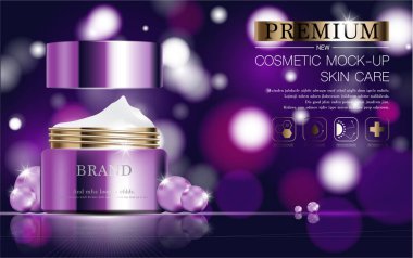 Yıllık indirimli ya da festival satışları için cilt nemlendirici. Gümüş kahverengi krema şişesi ürün sunumu için arka planda bulunan simli parçacıklara izole edilmiş. Zarif kozmetik reklamları, Vektör illüstrasyonu