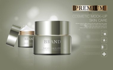 Yıllık indirimli ya da festival satışları için cilt nemlendirici. Gümüş kahverengi krema şişesi ürün sunumu için arka planda bulunan simli parçacıklara izole edilmiş. Zarif kozmetik reklamları, Vektör illüstrasyonu