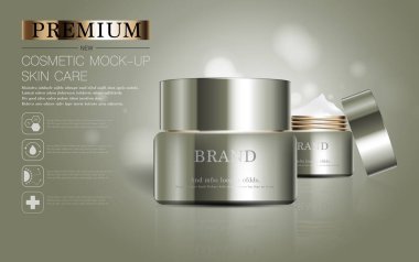 Yıllık indirimli ya da festival satışları için cilt nemlendirici. Gümüş kahverengi krema şişesi ürün sunumu için arka planda bulunan simli parçacıklara izole edilmiş. Zarif kozmetik reklamları, Vektör illüstrasyonu